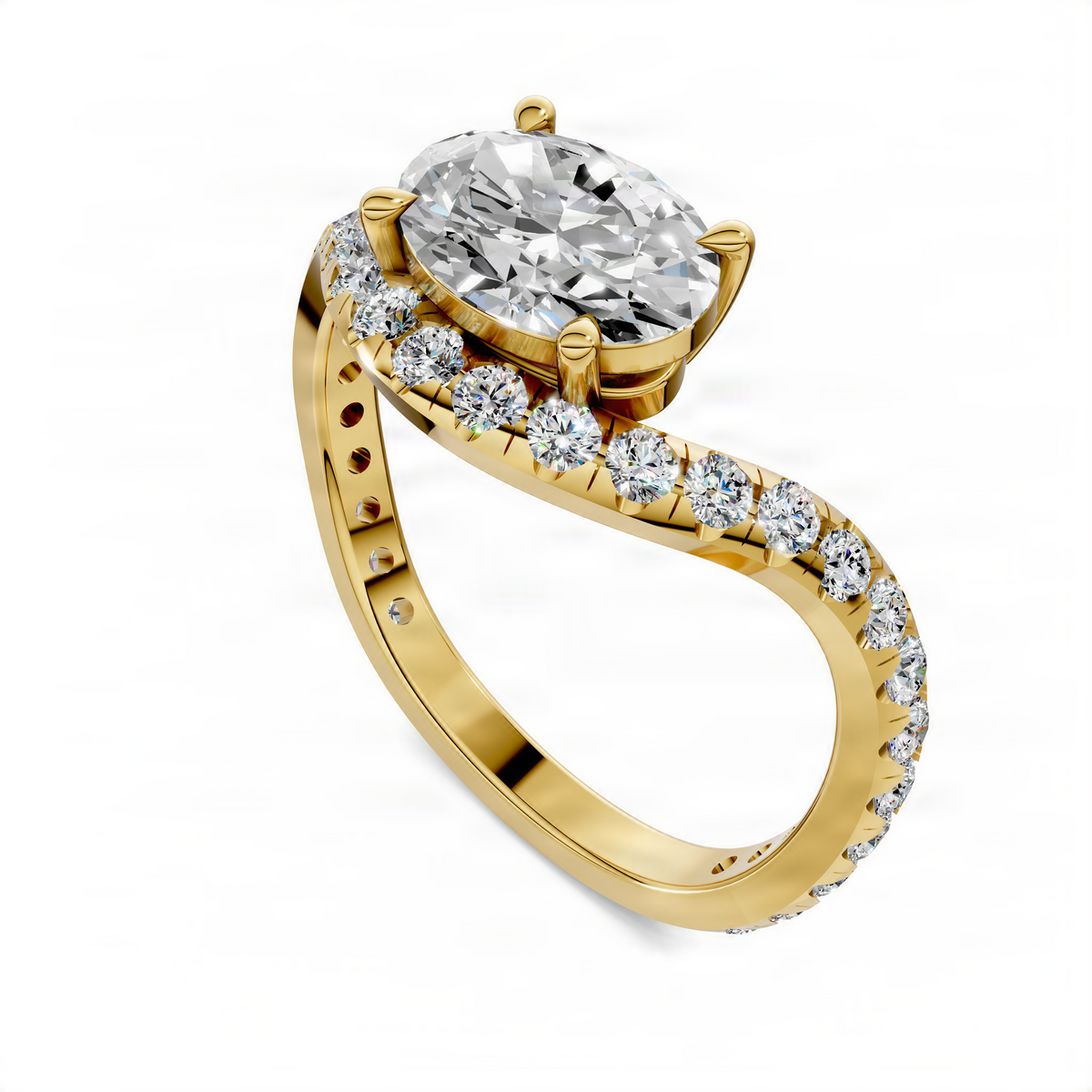 Oval east-west pavé ring in yellow gold with oval center stone and diamond band