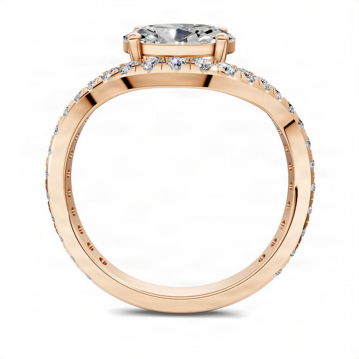 Oval east-west pavé ring in yellow gold, side view with oval center stone