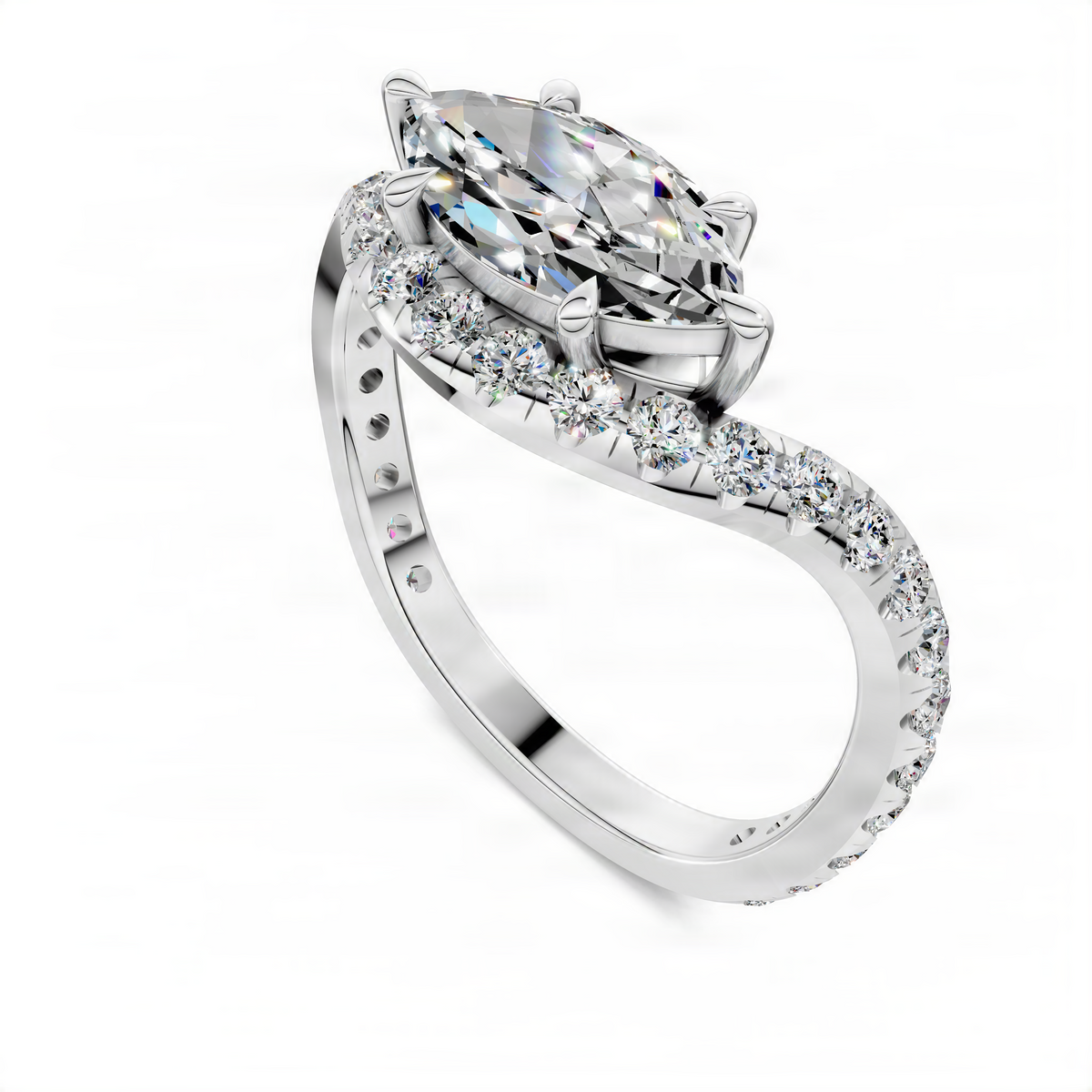 Marquise pavé engagement ring with east-west center stone