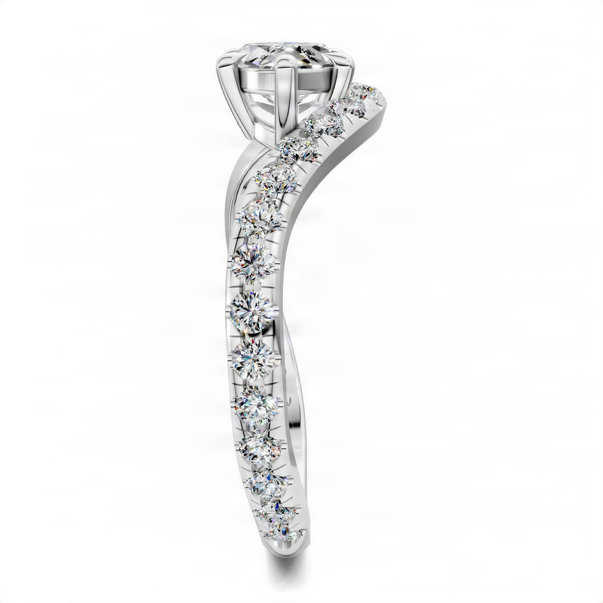Marquise east-west pavé ring in white metal with diamond-studded band