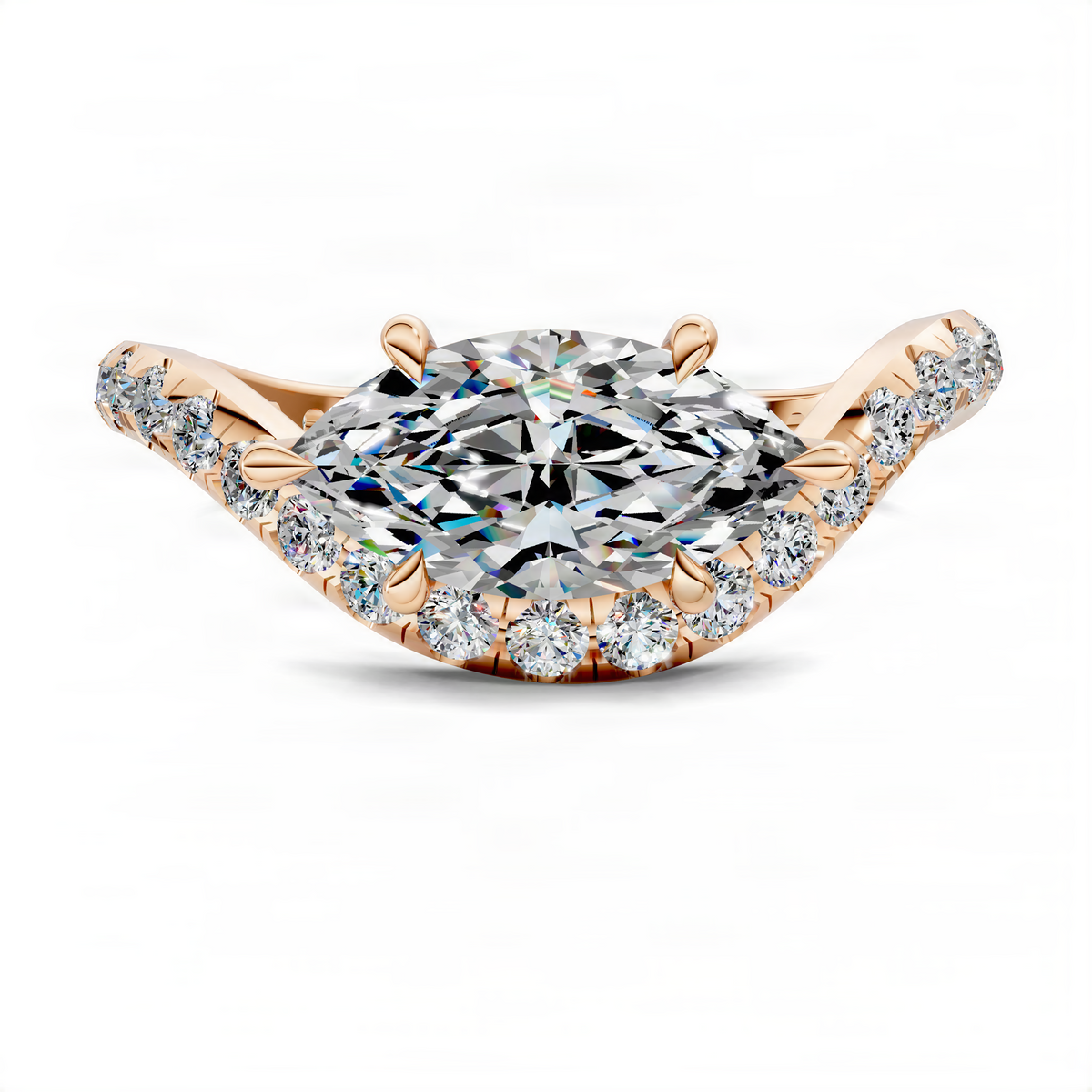Marquise east-west pavé ring in gold with a center stone and round side stones