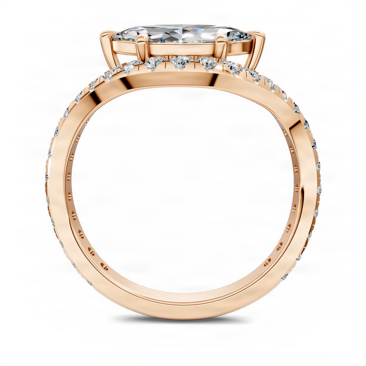 Marquise east-west pave ring in rose gold with pavé shoulders