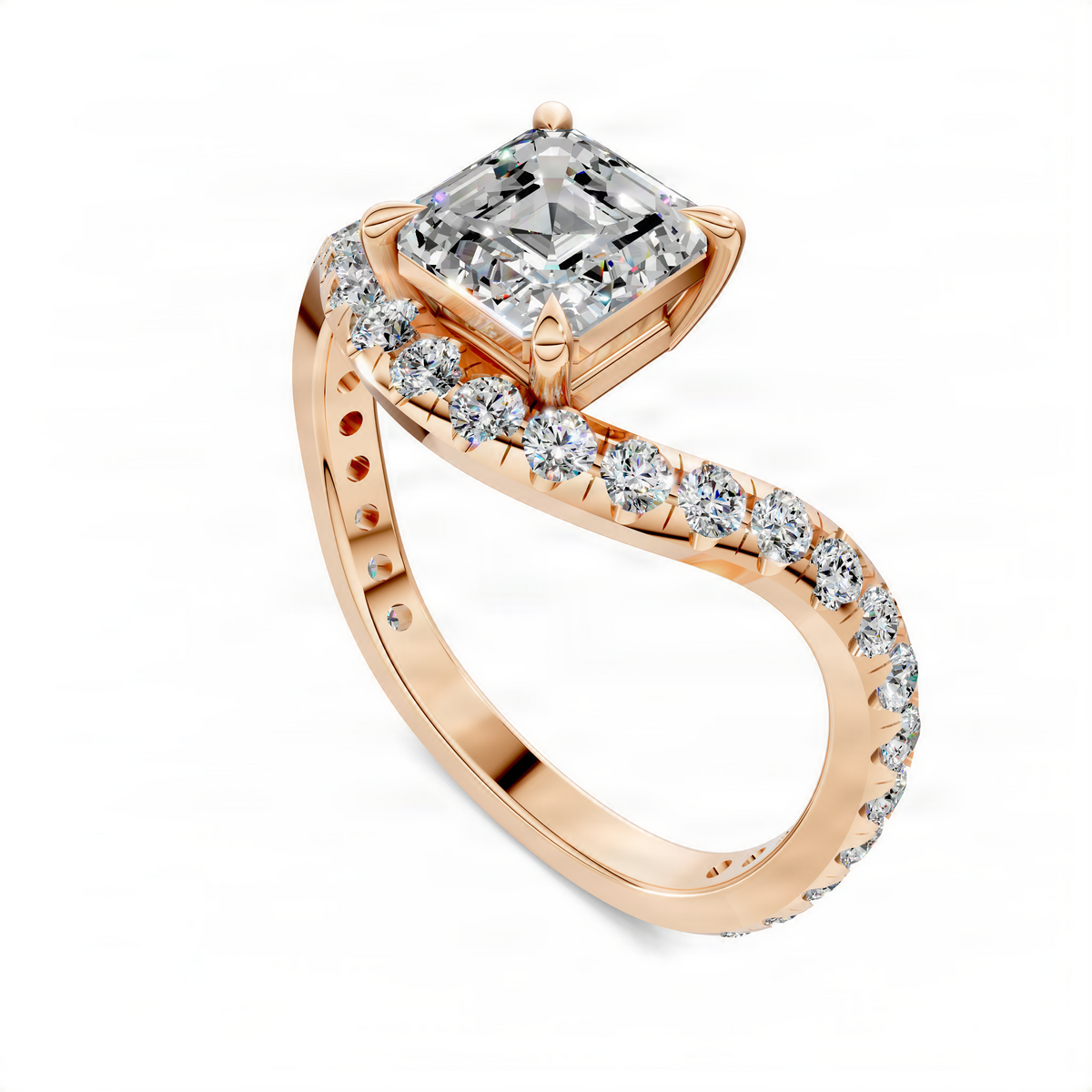 Opes Asscher east-west pavé ring in rose gold with a square center stone