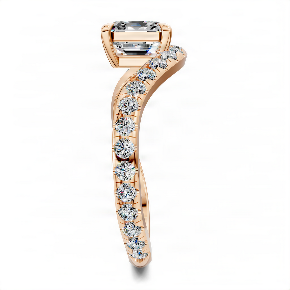 Opes Asscher east-west ring with rectangular center stone and round pavé band in rose gold