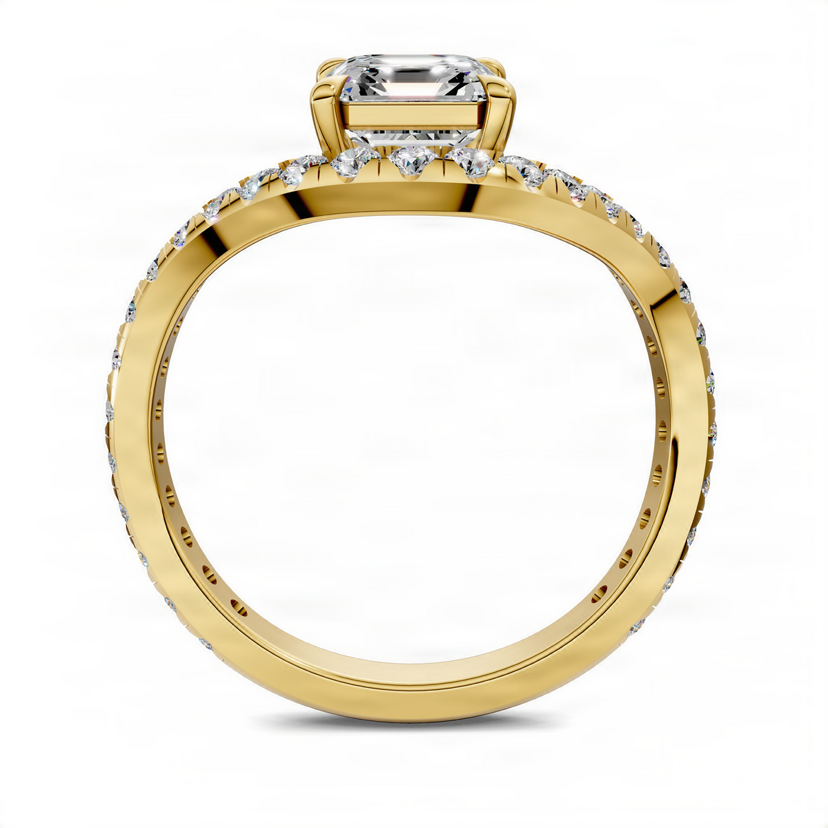 Asscher east-west pavé ring in yellow gold, side view
