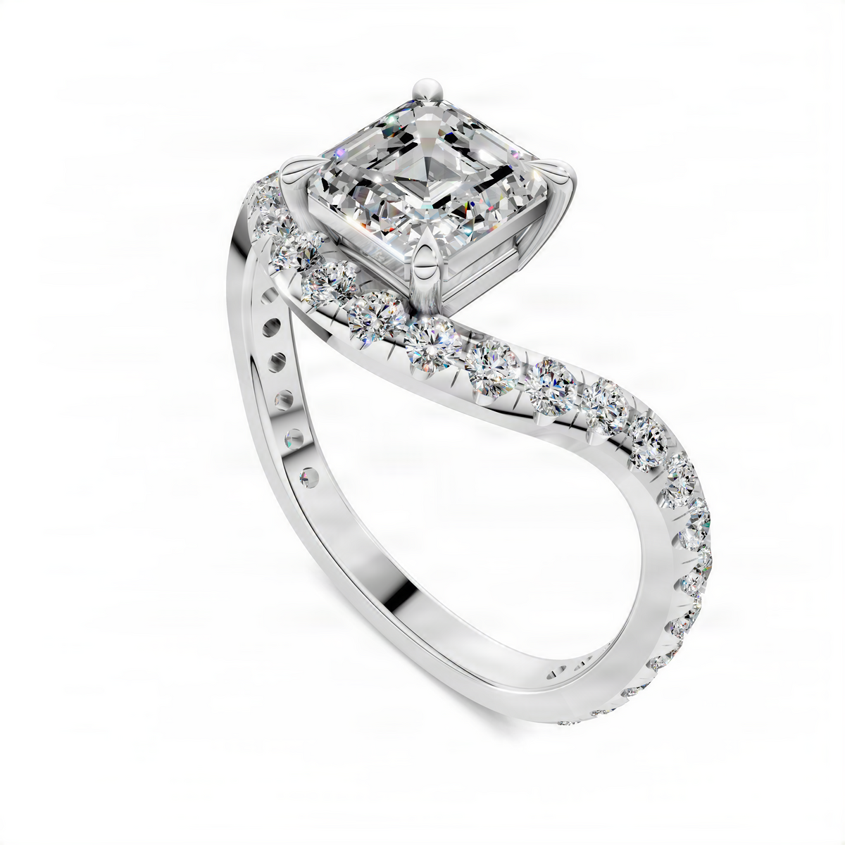 Asscher east-west pavé ring with square center stone and pavé band