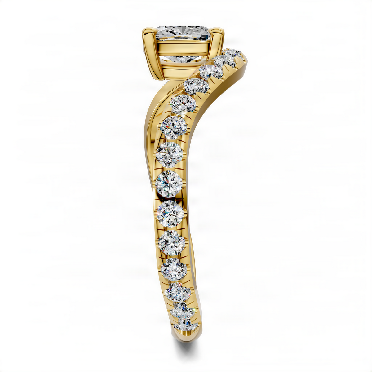 East-west cushion pavé ring in yellow gold with round diamond accents