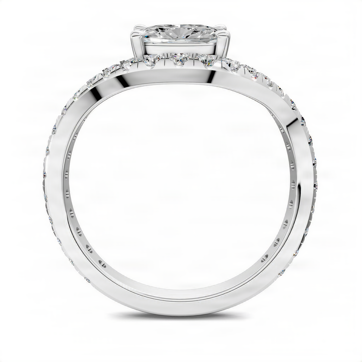 Cushion east-west pavé ring in white metal with pavé band