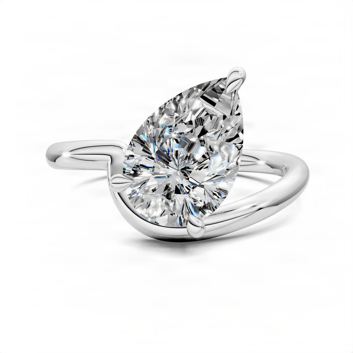White gold solitaire ring with large round diamond and curved split-shank claws
