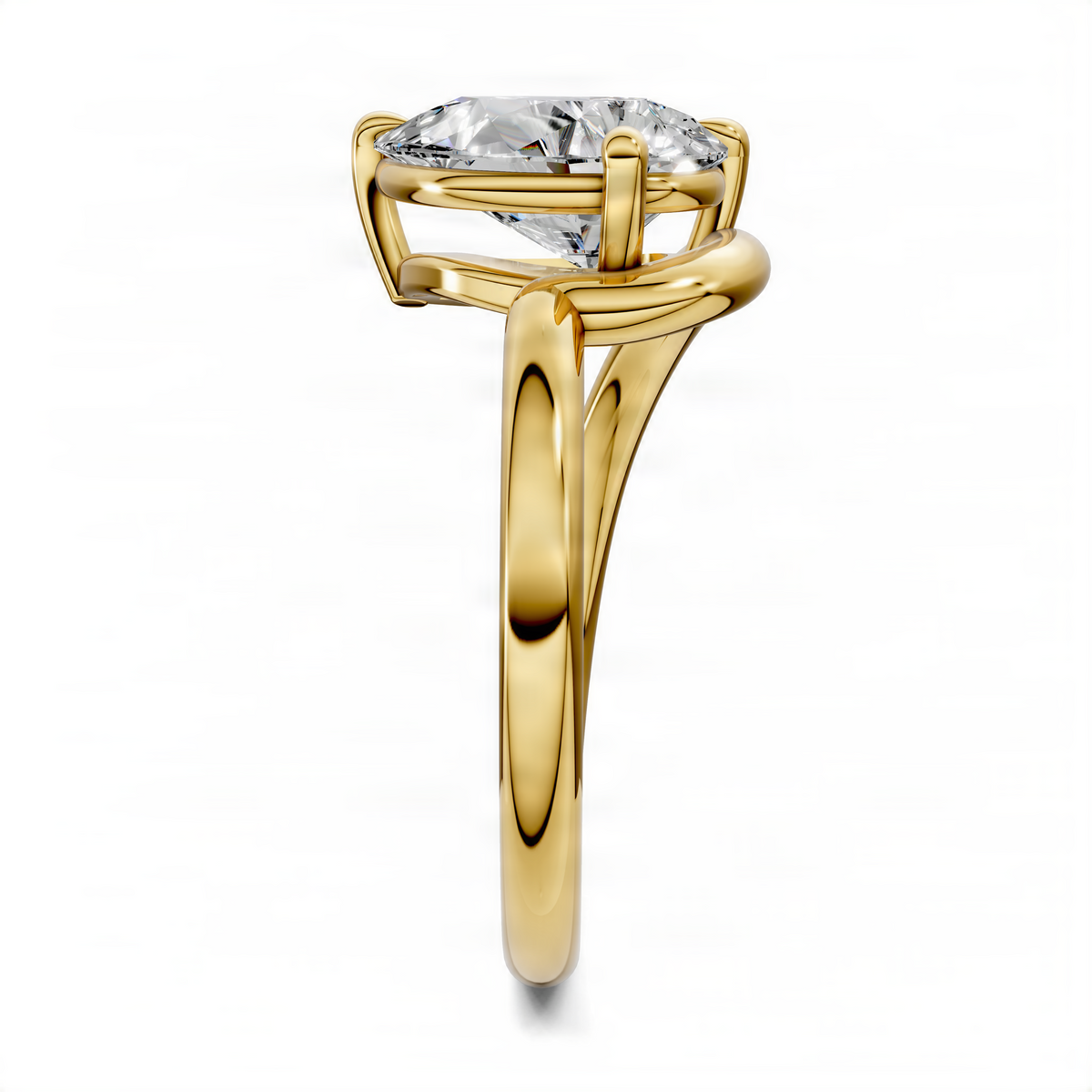Opes pear solitaire ring, yellow gold, clear pear-cut stone, sculptural band