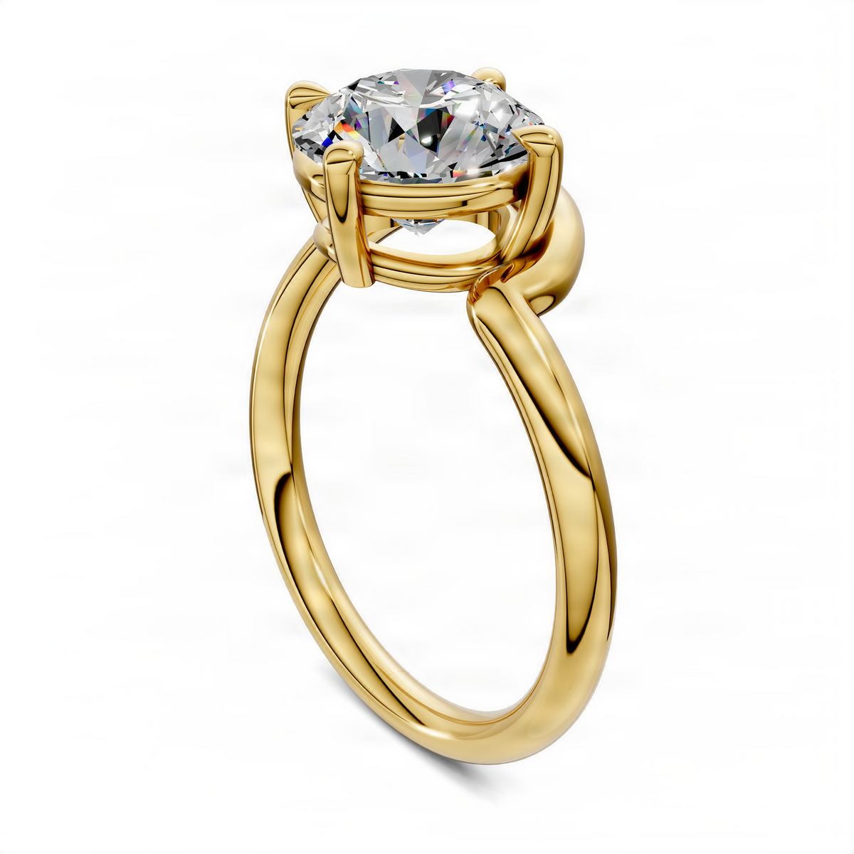 Yellow gold round solitaire engagement ring side view, sculpted band and prongs