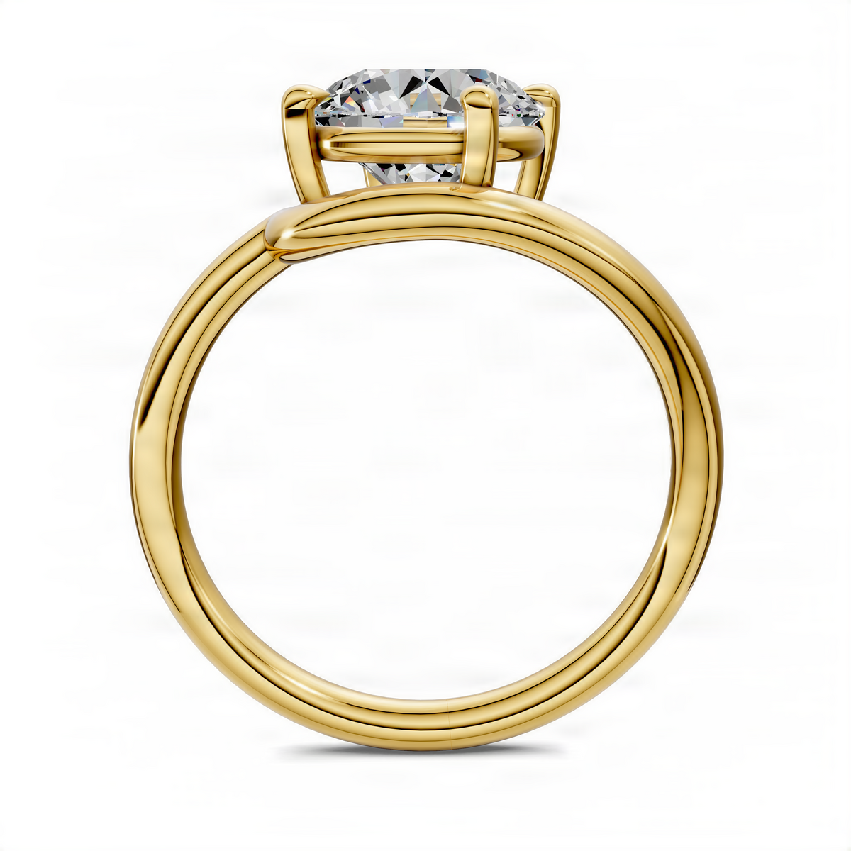 Yellow gold solitaire ring with round center diamond, curved openwork setting