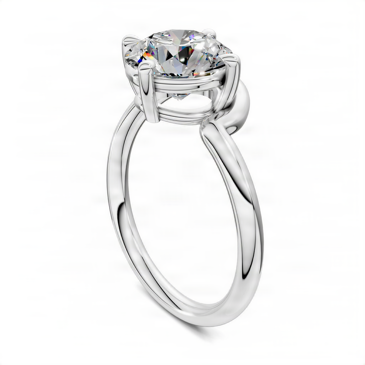 White gold round solitaire engagement ring viewed from the side, prong-set stone