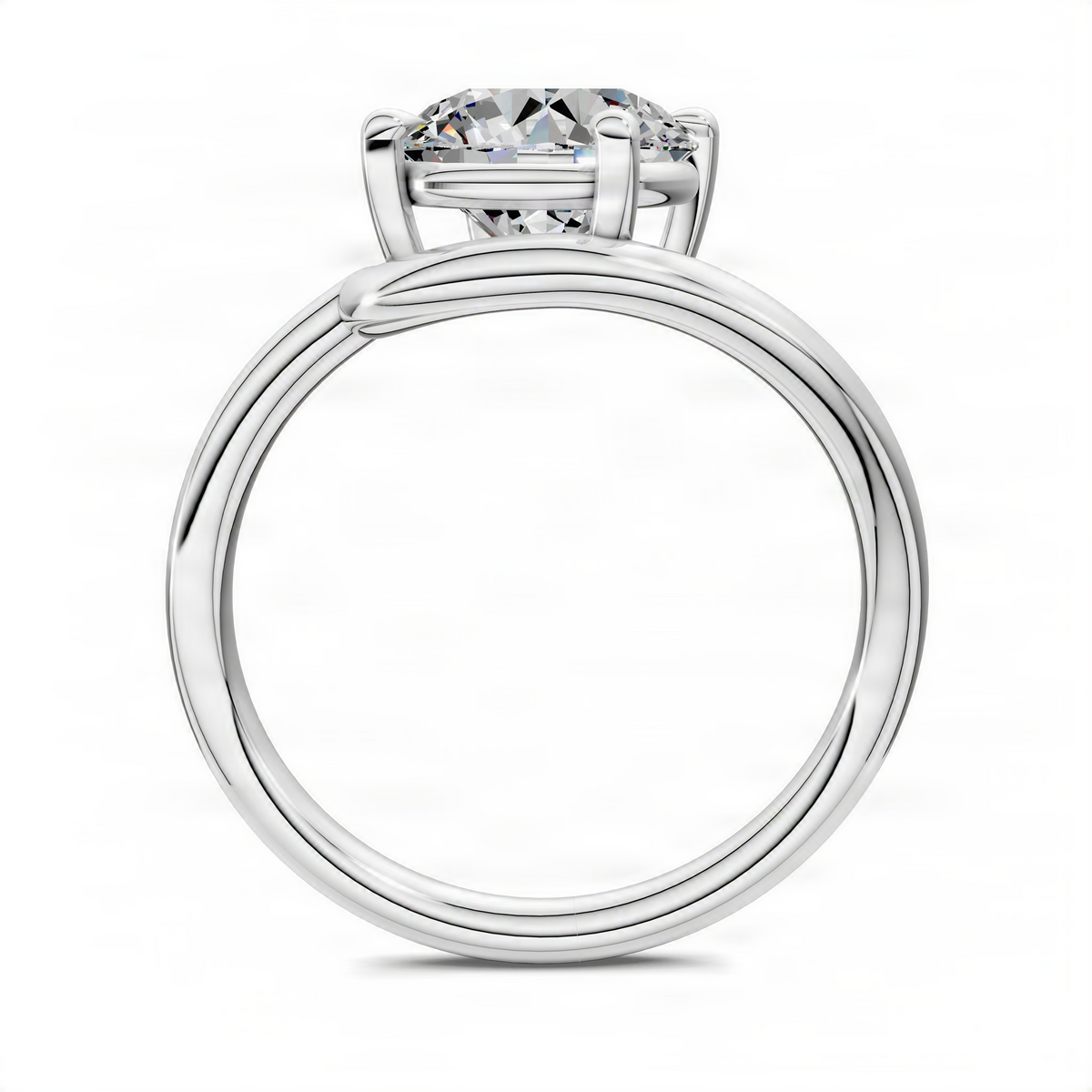 White gold round solitaire engagement ring band close-up with prong-set stone