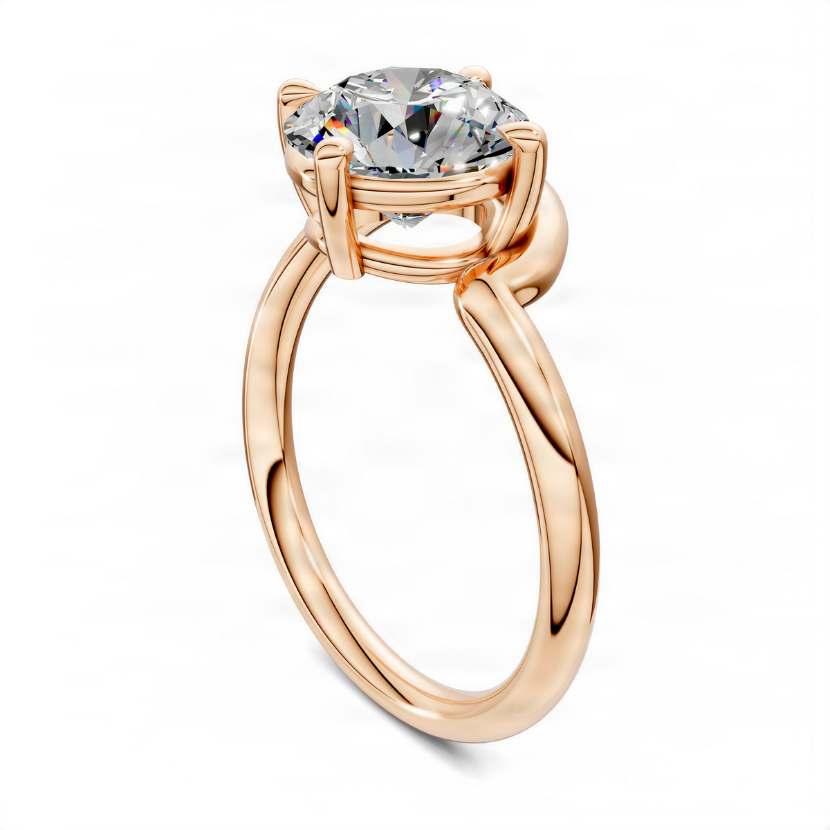 Rose gold round solitaire engagement ring side view with prong-set clear center stone