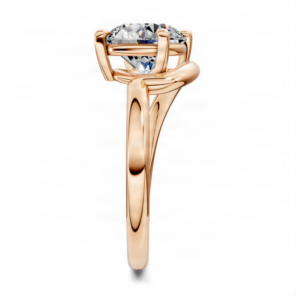 Rose gold sculptural solitaire ring with round center diamond and openwork band