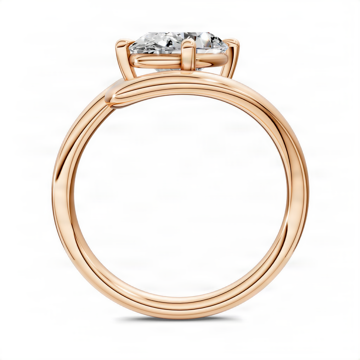 Rose gold oval-cut solitaire ring from side view with raised crown and smooth bezel prongs