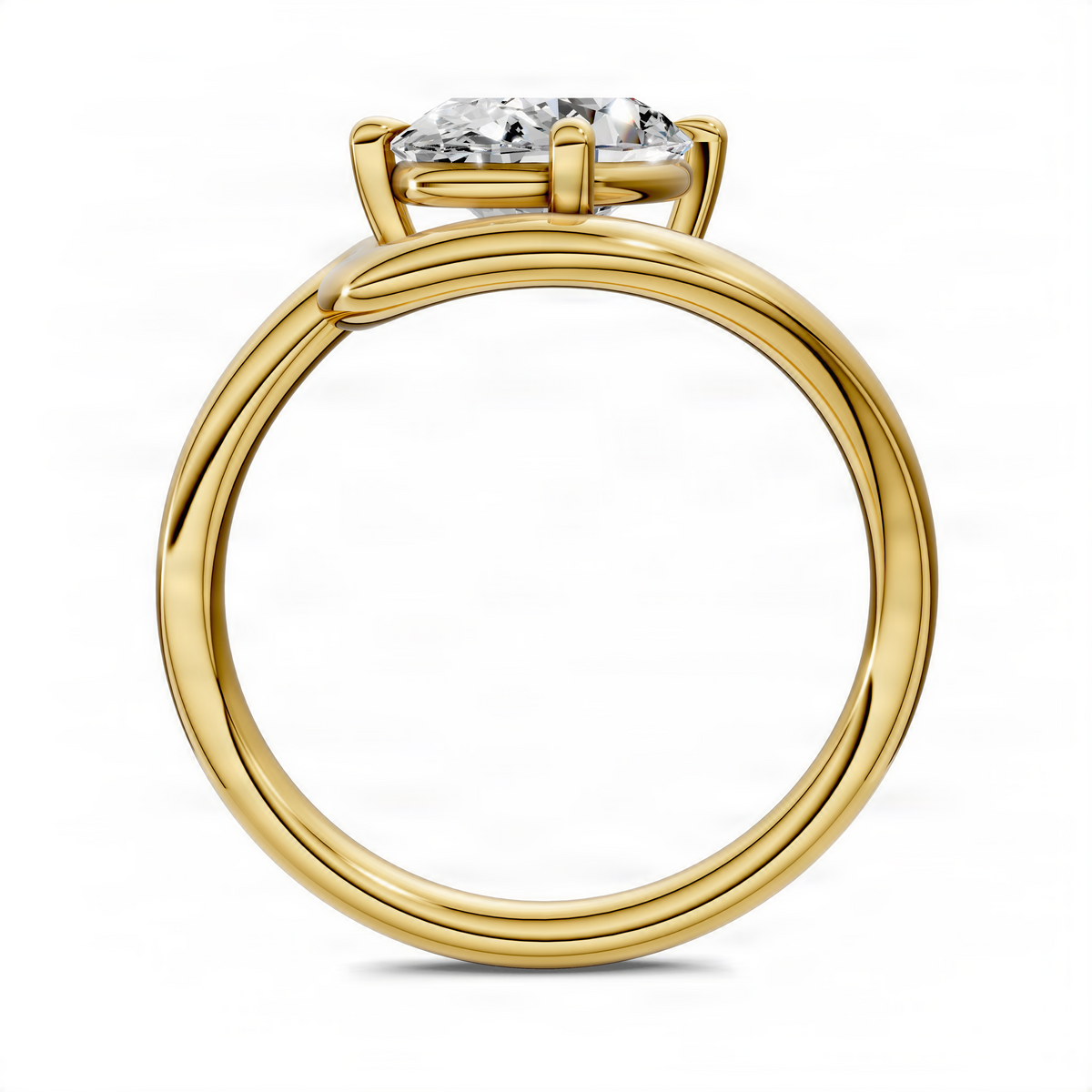 Yellow gold oval-cut solitaire ring front view with four-prong crown and slender polished shank