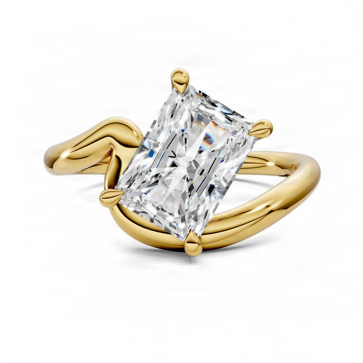 14K yellow gold solitaire ring with large rectangular center stone and low-profile prongs