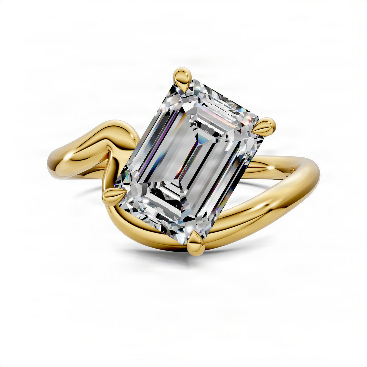 Yellow gold emerald-cut solitaire ring with four-prong setting and sculpted band