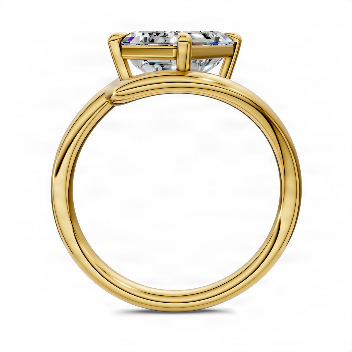 Yellow gold emerald-cut solitaire ring from front view with four-prong setting