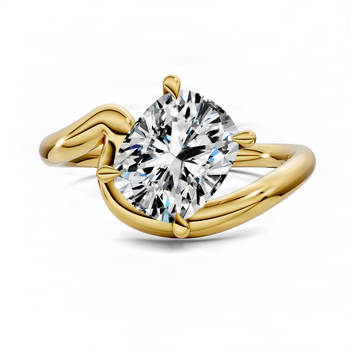Yellow gold solitaire ring with large round diamond-style center stone and sculpted band