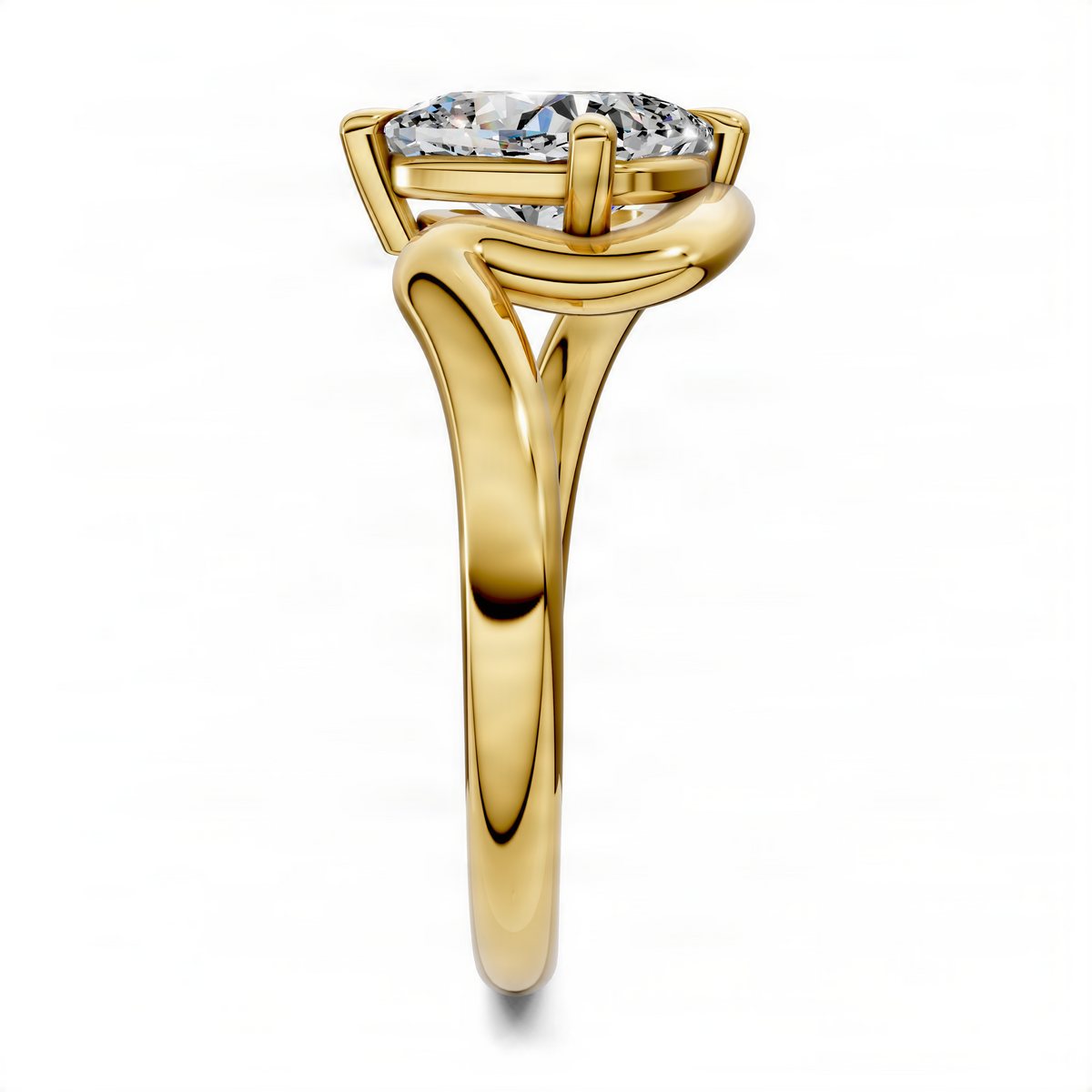 Yellow gold sculptural solitaire ring with round center stone and curved band