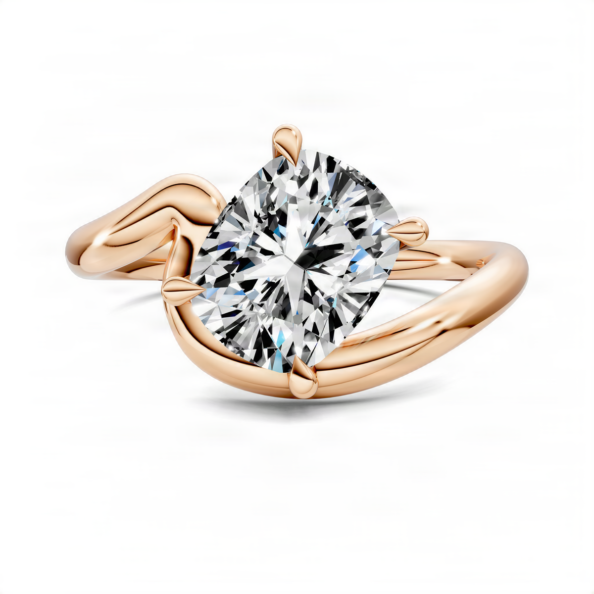 Rose gold solitaire ring with large round diamond-style center stone and curved band