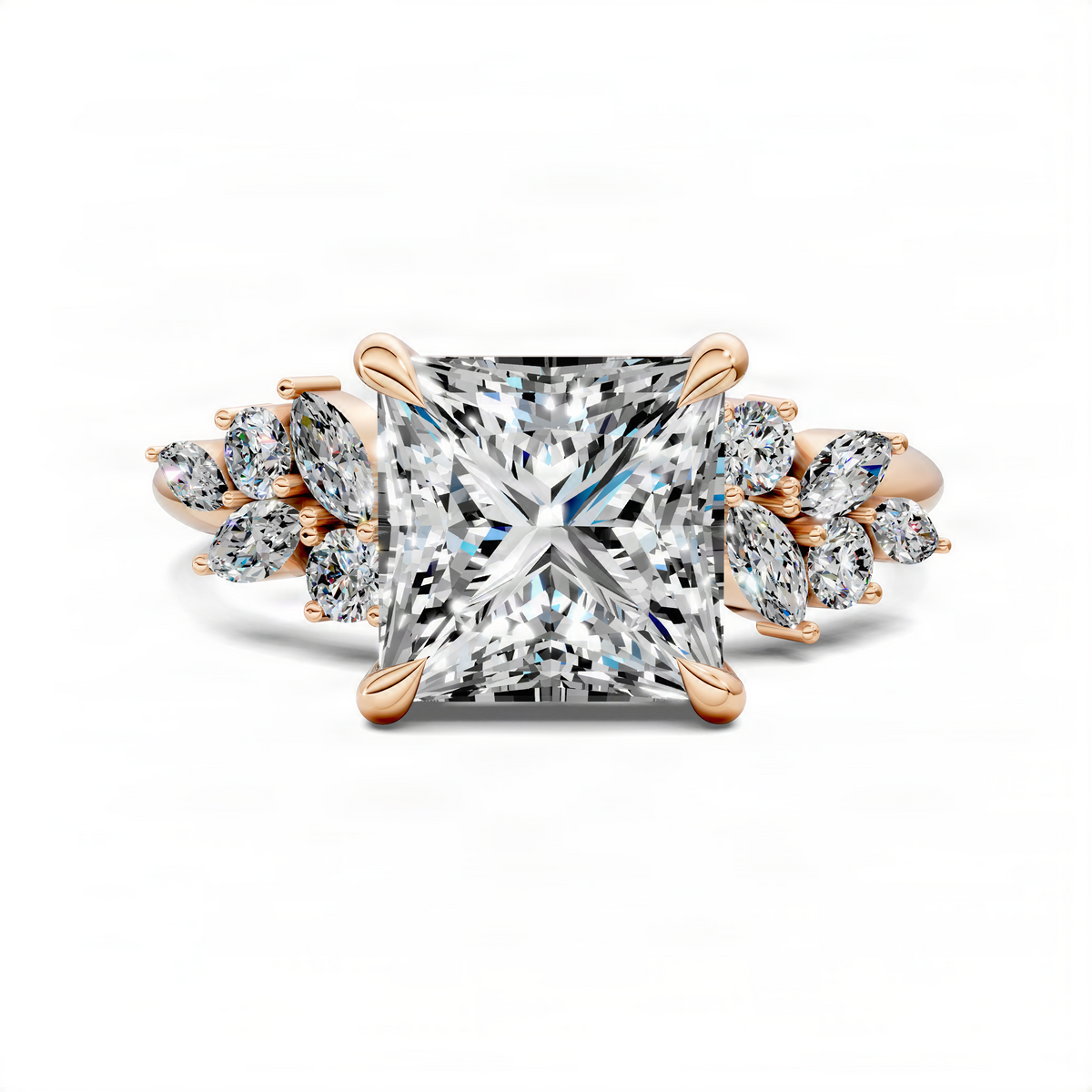 Rose gold princess-cut center cluster ring with round side stones and marquise stone accents