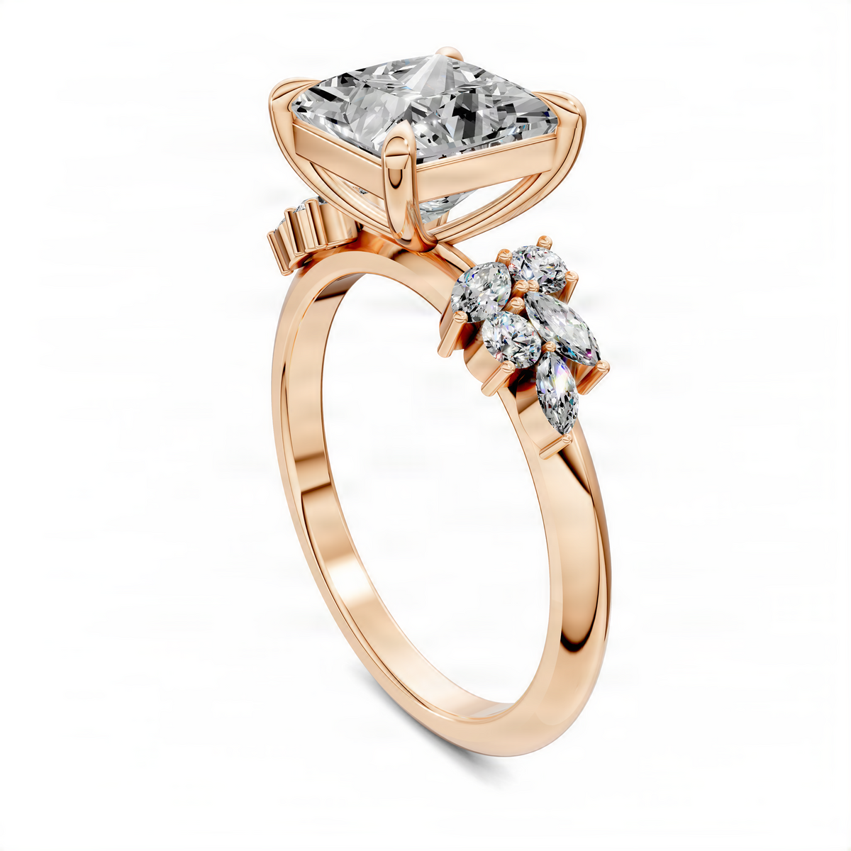 Rose gold princess-cut center cluster ring with marquise side stones and small accents