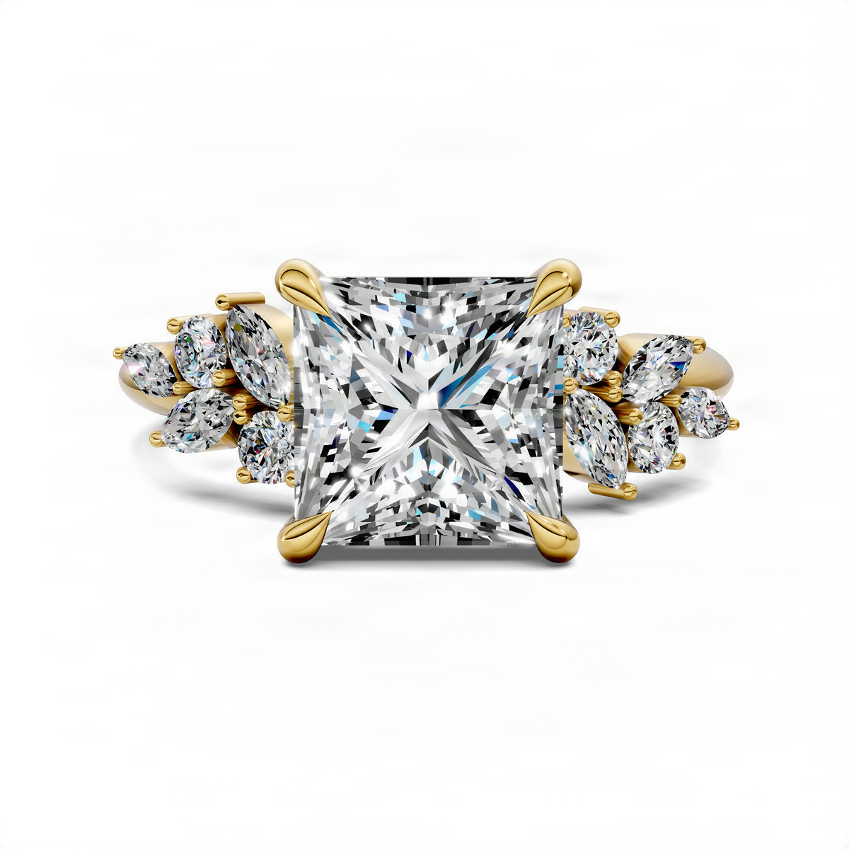 Yellow gold princess-cut center cluster ring with round side stones and large marquise accents