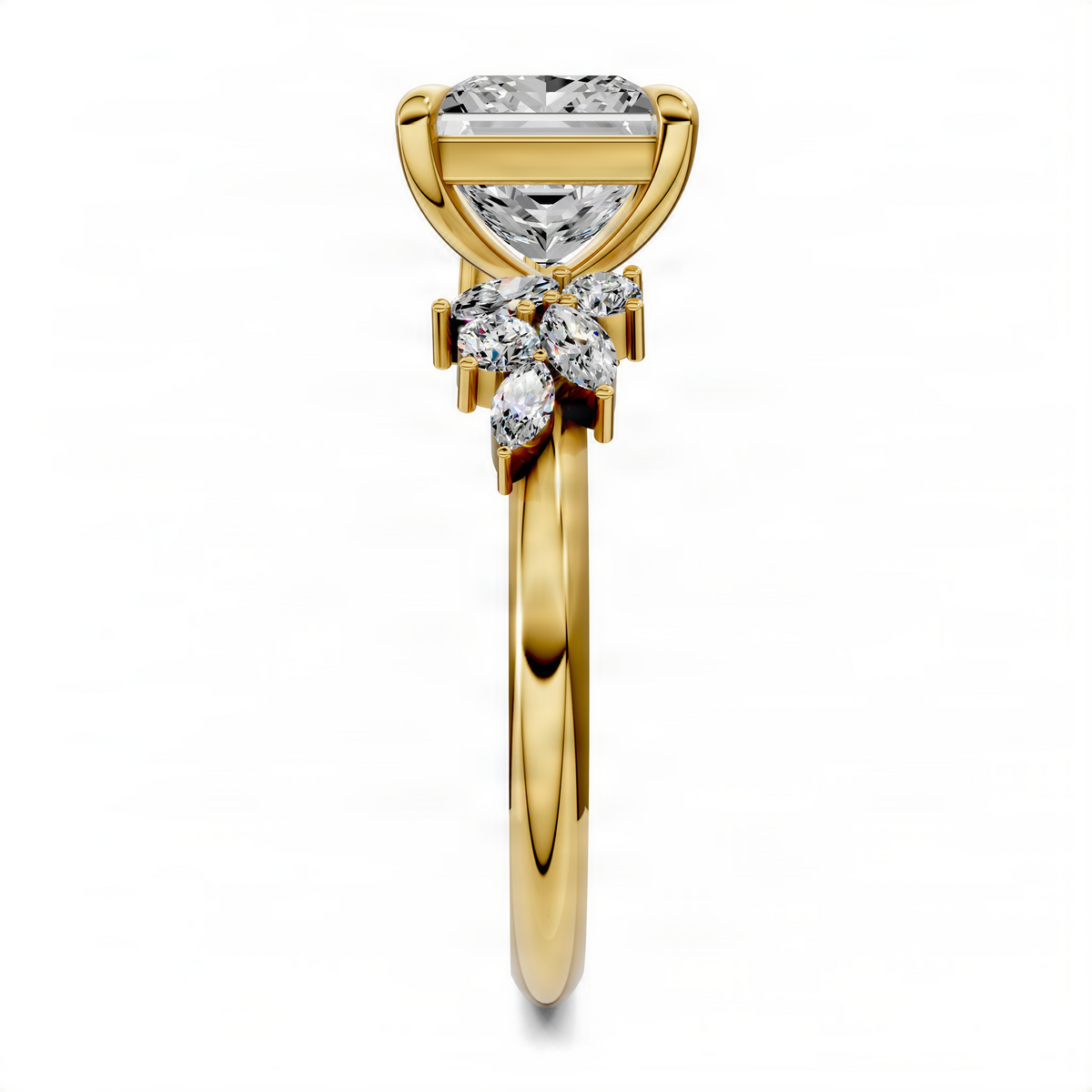 Yellow gold princess-cut center cluster ring with marquise side stones and openwork setting