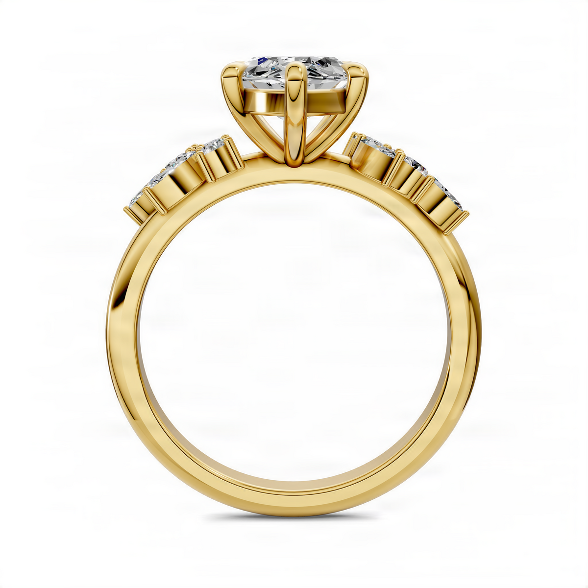 Yellow gold diamond ring view of band with small rectangular stones and marquise top