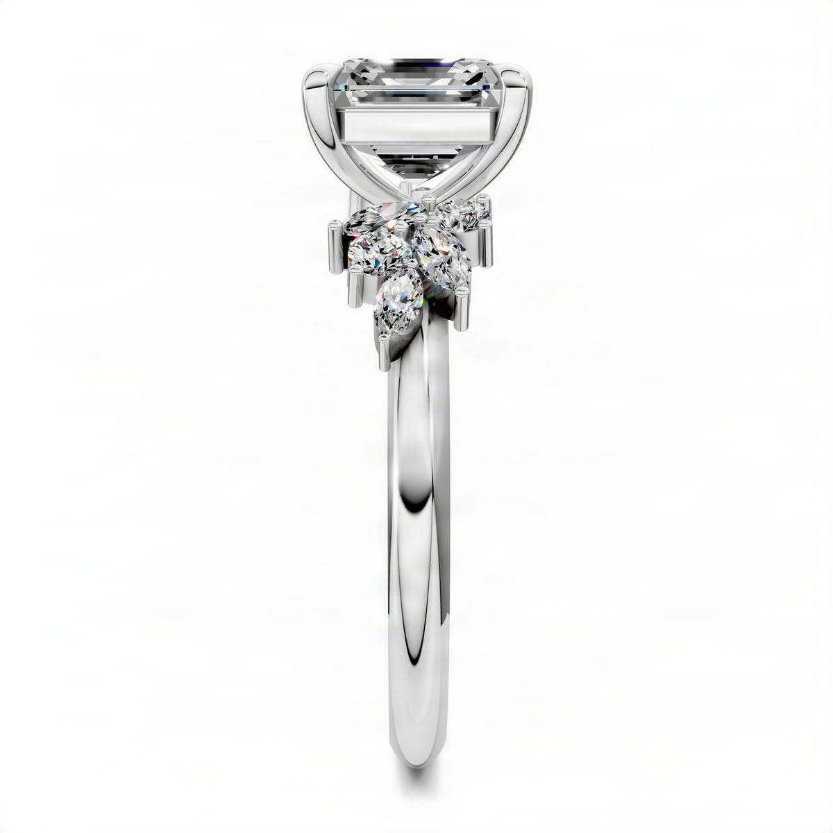 White gold floral cluster ring with rectangular center stone and smaller clustered stones