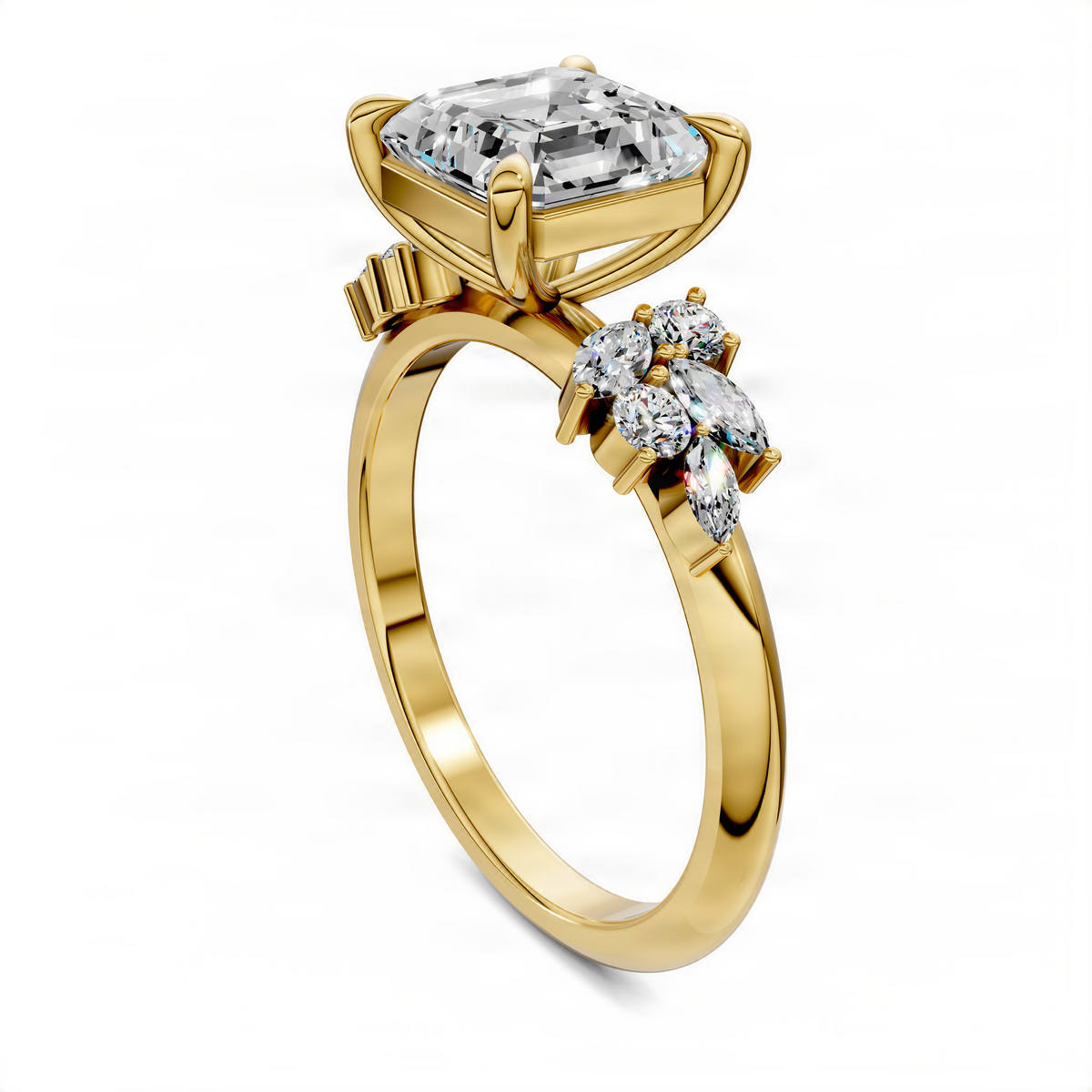 Yellow gold Asscher floral cluster ring with angled side profile and prong-set center stone