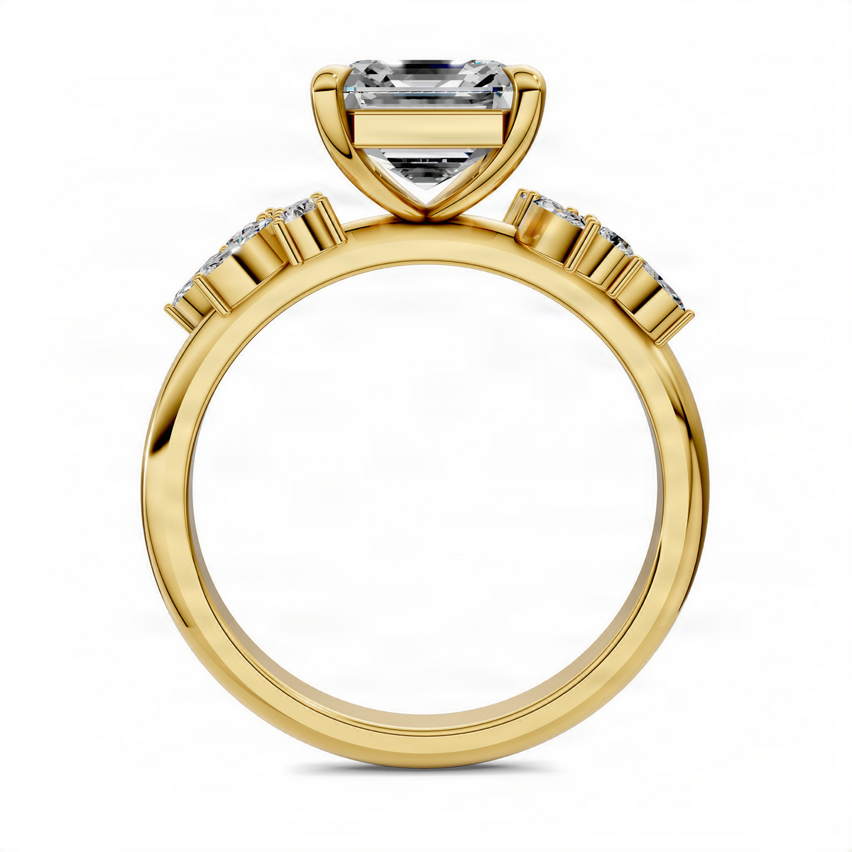 Yellow gold asscher-cut floral cluster ring with rectangular center stone and baguette side stones