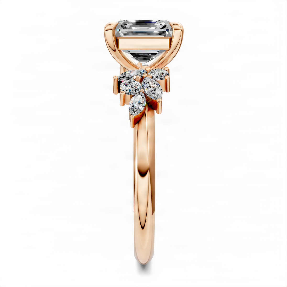Rose gold Asscher floral cluster ring with baguette side stones and three-stone floral cluster
