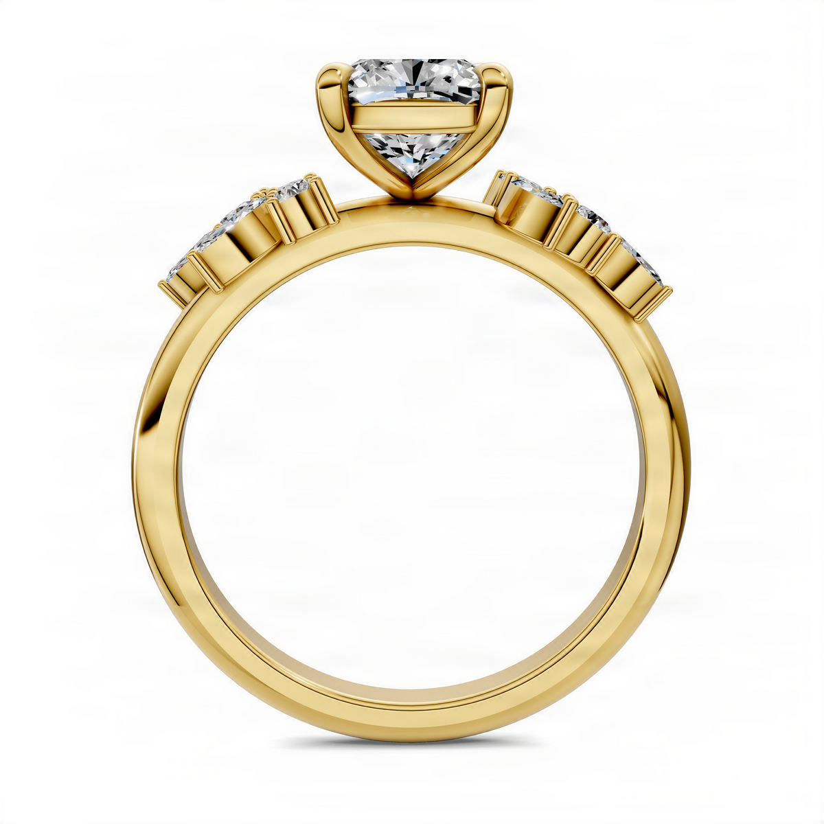 Yellow gold cushion-cut floral cluster ring with round side stones