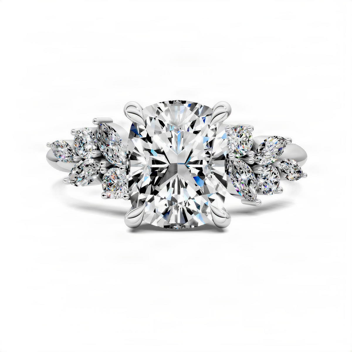 Opes cushion-cut diamond floral cluster ring in white gold with marquise side stones
