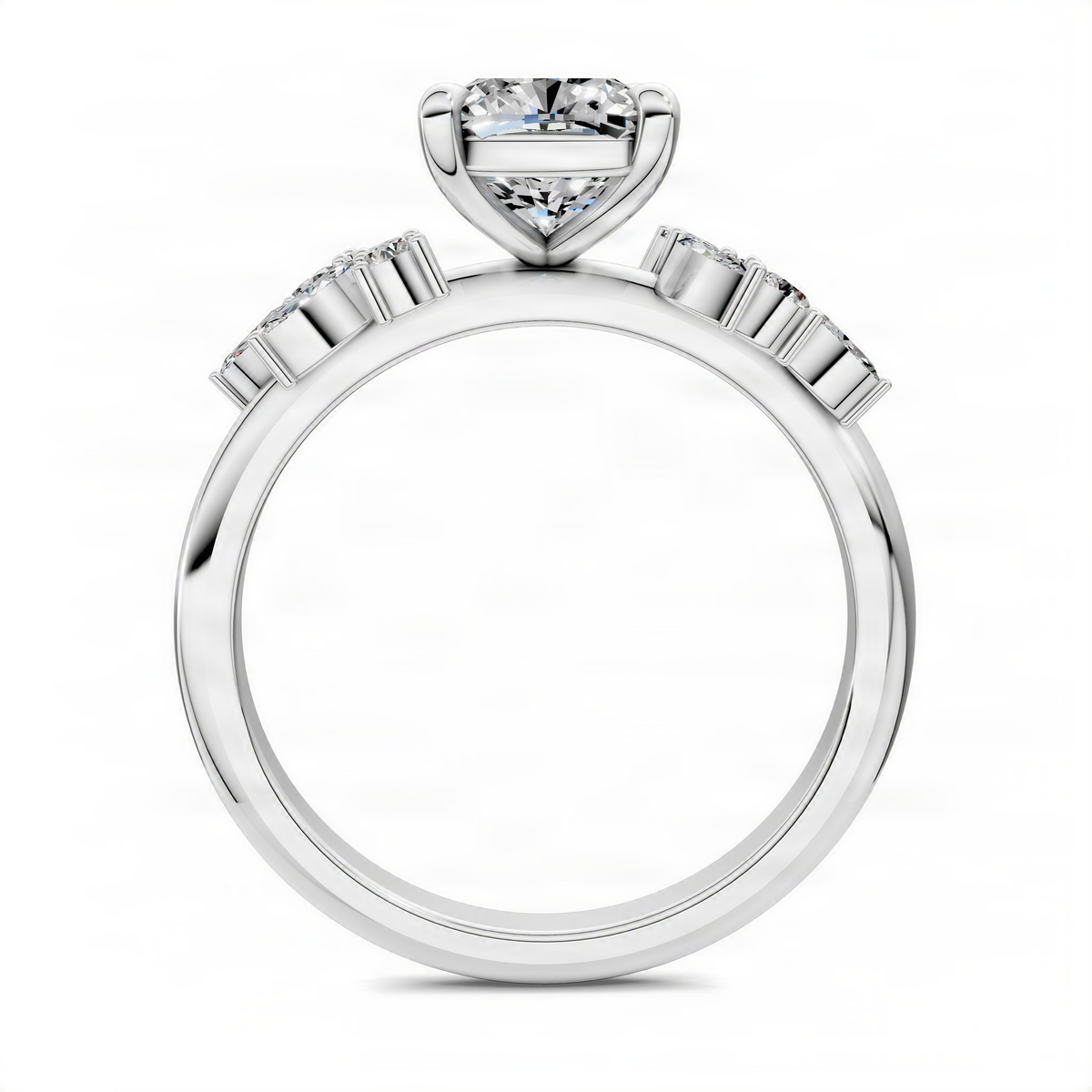 Opes cushion floral cluster ring in white metal with center stone and channel-set side stones