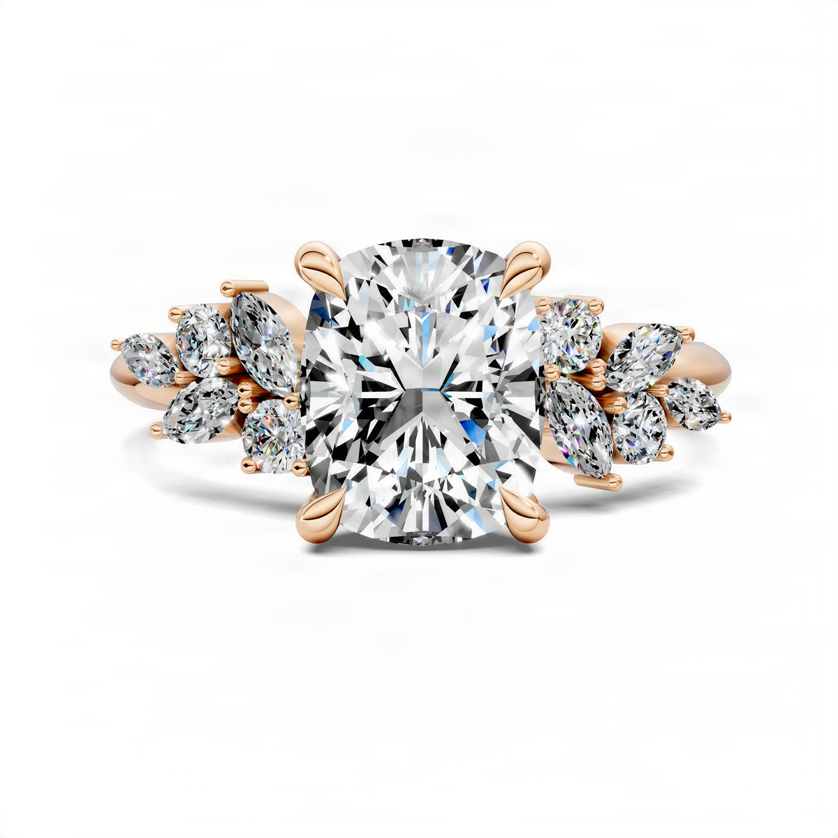 Opes cushion floral cluster ring with large cushion center stone and marquise side stones
