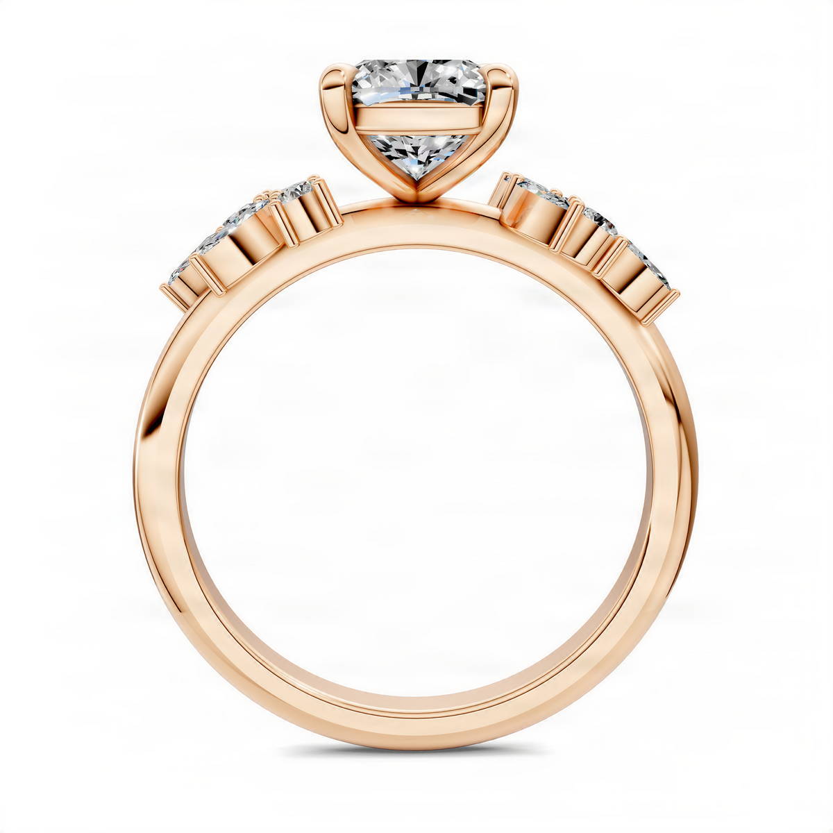 Rose gold cushion cluster ring with side diamonds