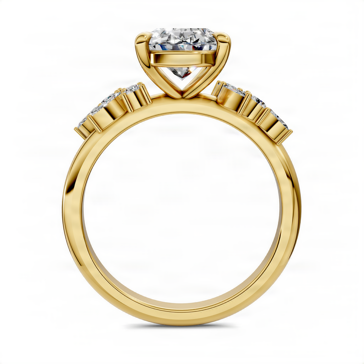 Yellow gold oval center stone ring with baguette-style side accents