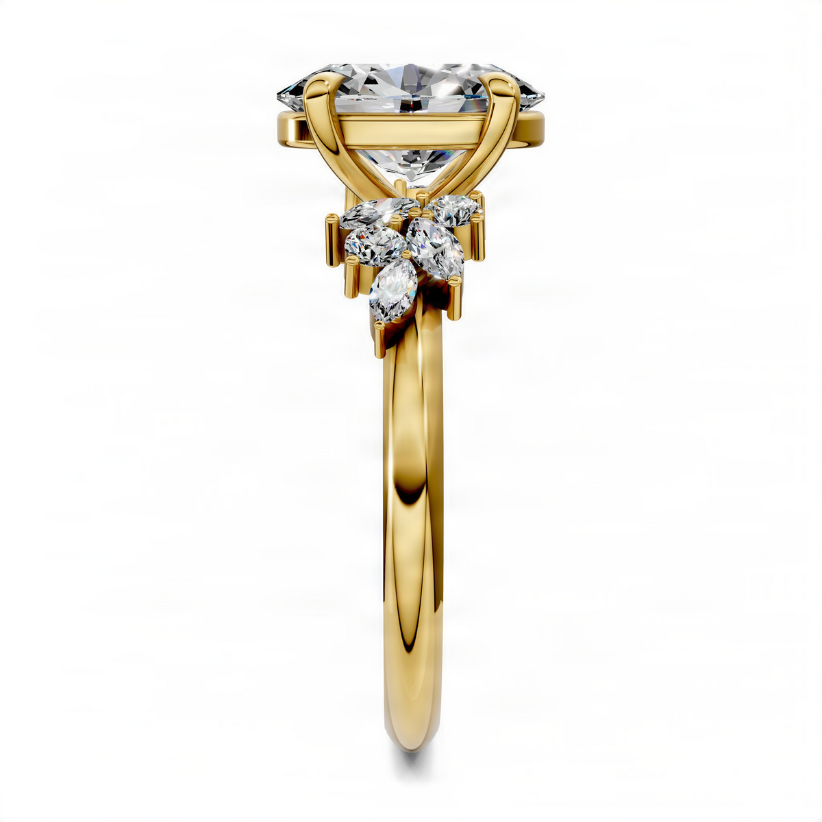 Yellow gold oval halo ring with rectangular top setting and side cluster