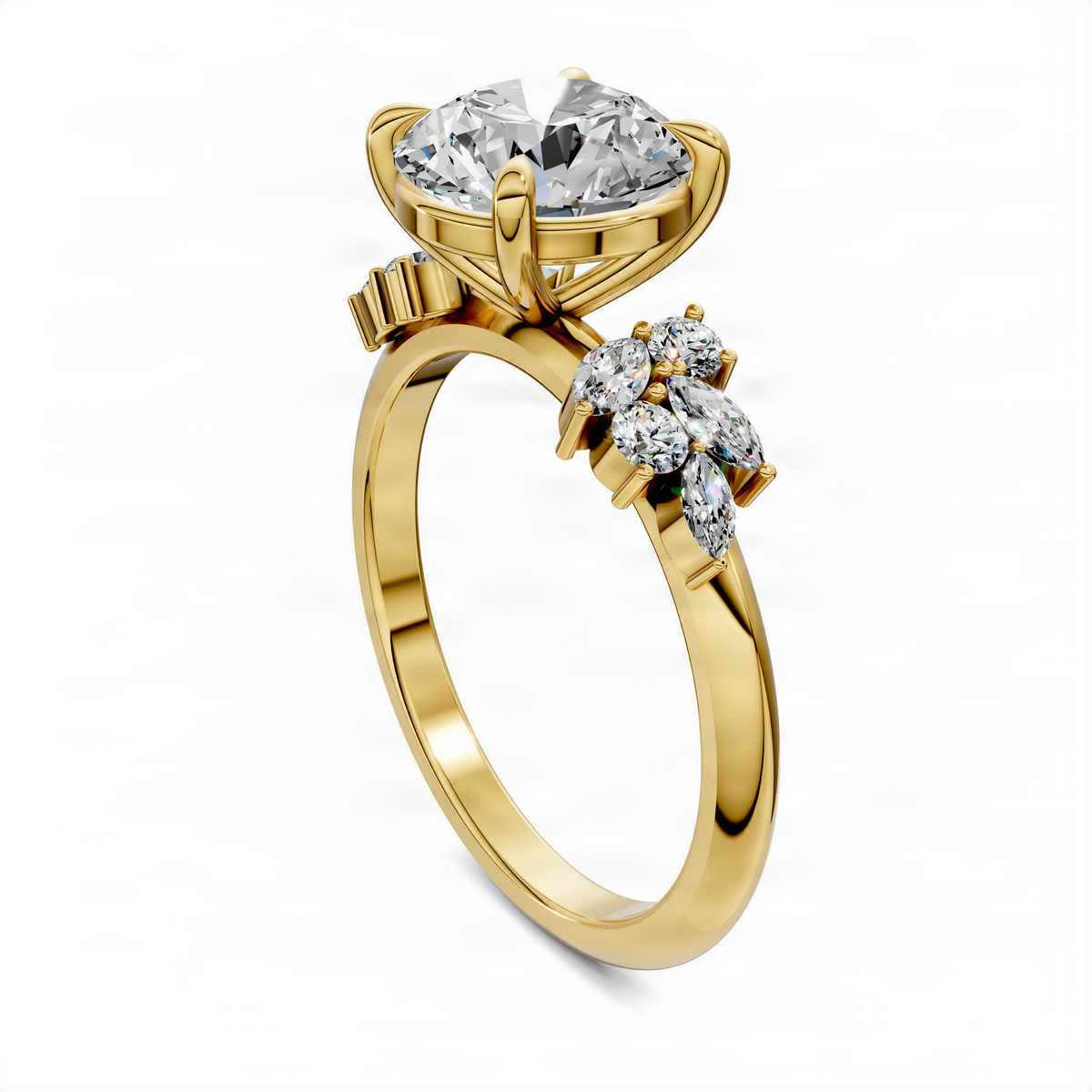 Yellow gold round floral cluster engagement ring with raised center diamond