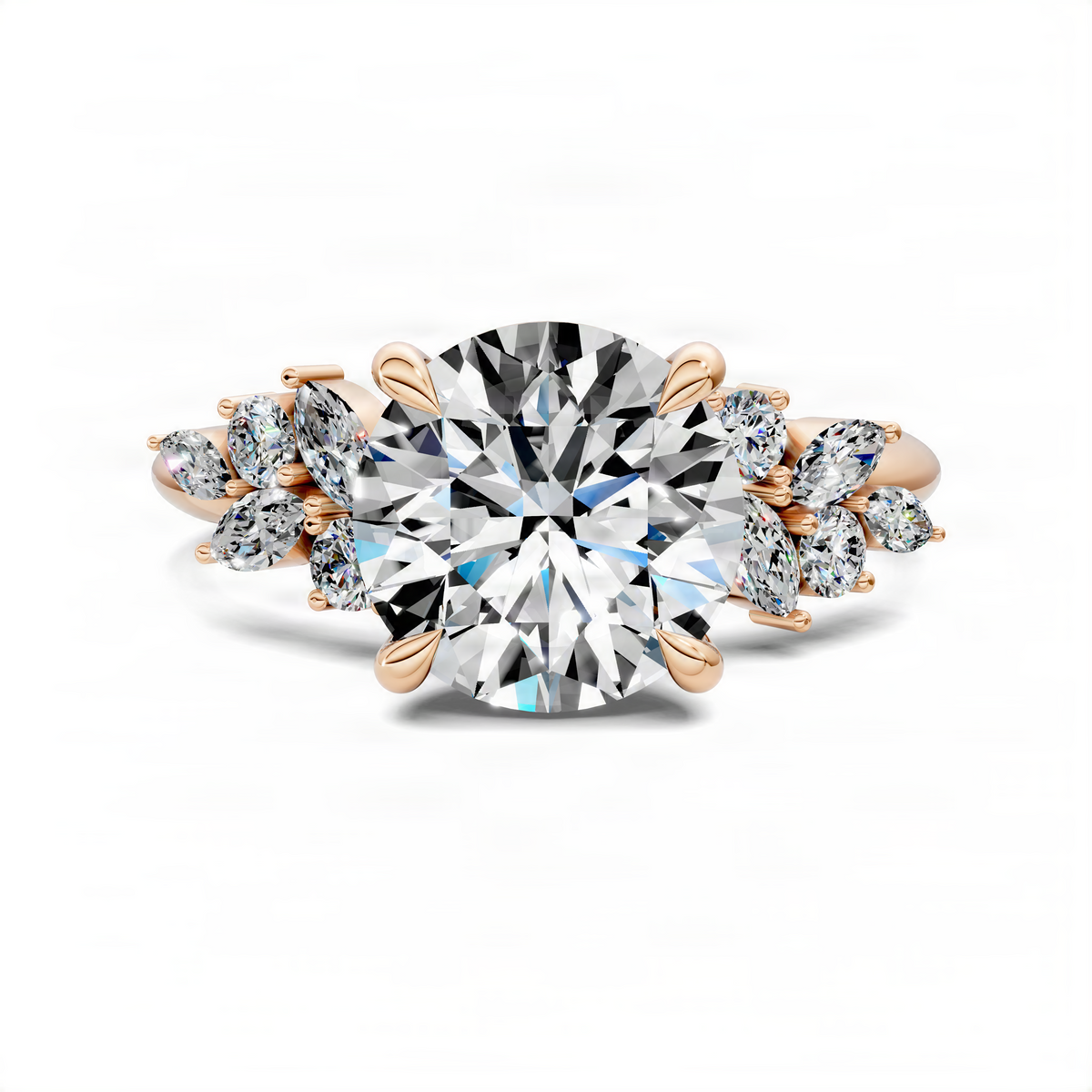 Rose gold round floral cluster engagement ring with large center diamond and side stones