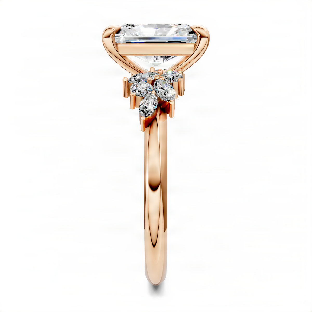 Rose gold radiant cluster ring with square-cut center stone and floral diamond accents