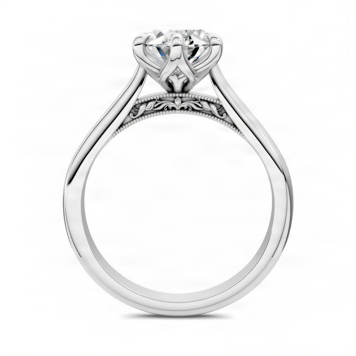 Oval center diamond ring with petal-style prongs in white metal, top view