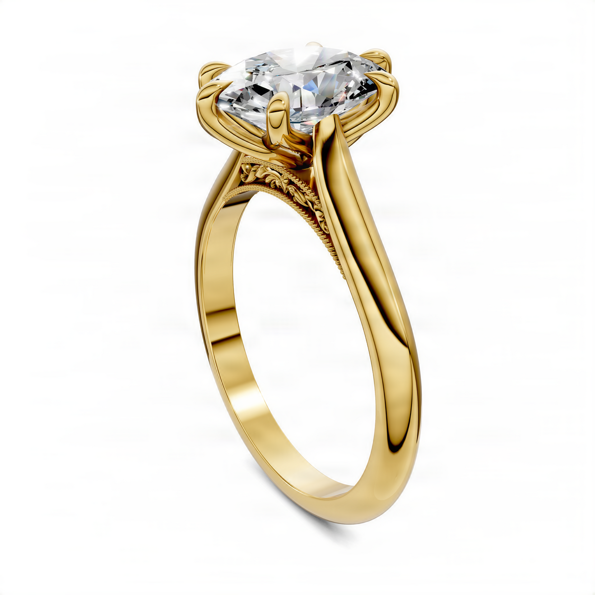 Oval petal halo engagement ring with oval center stone in yellow gold, angled view