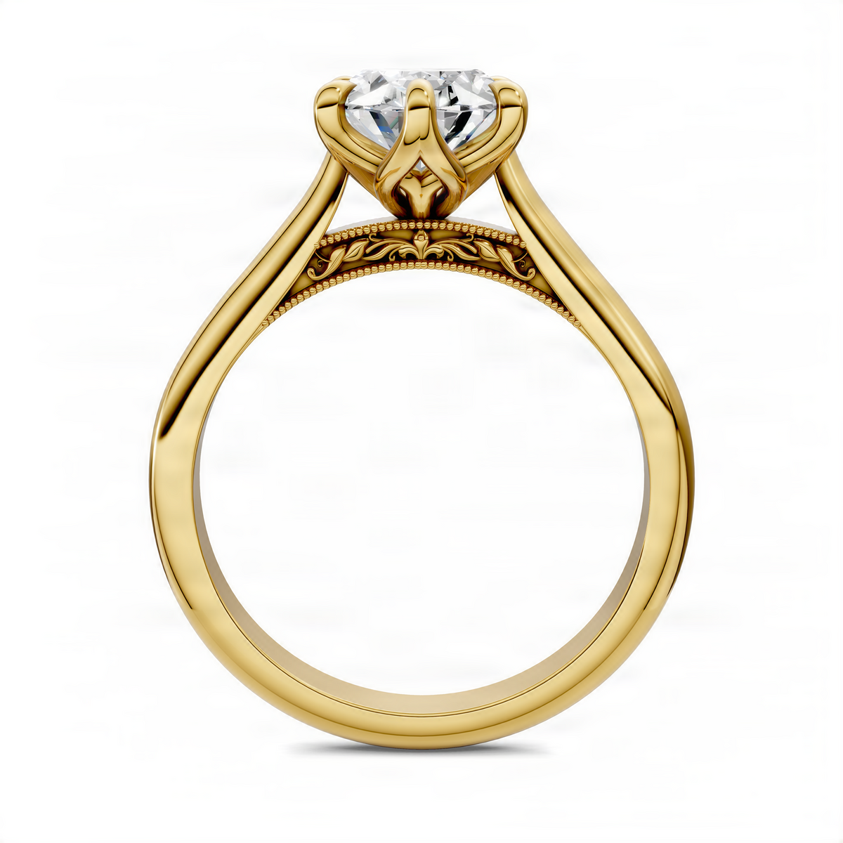 Oval center diamond ring with petal-style prongs in yellow gold, top view